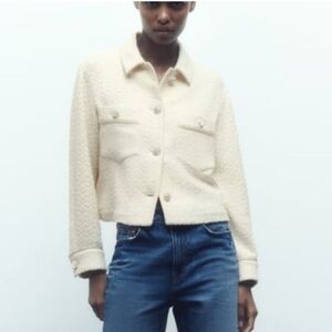 Zara Ivory Textured Cropped Jacket